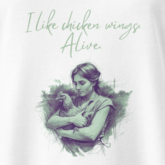 I like chicken wings. Alive. Hühner-Motiv gegen Fleisch, talliertes veganes Racerback-Tanktop