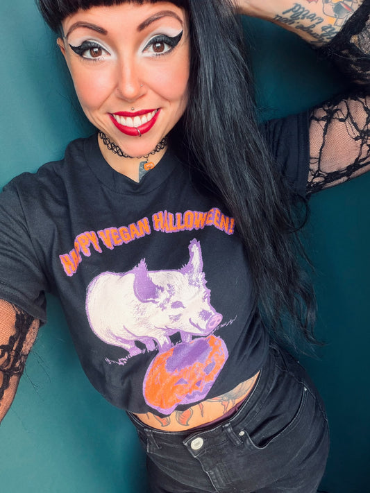 HAPPY VEGAN HALLOWEEN mit Schwein Ebba und Kürbis, veganes T-Shirt, Unisex