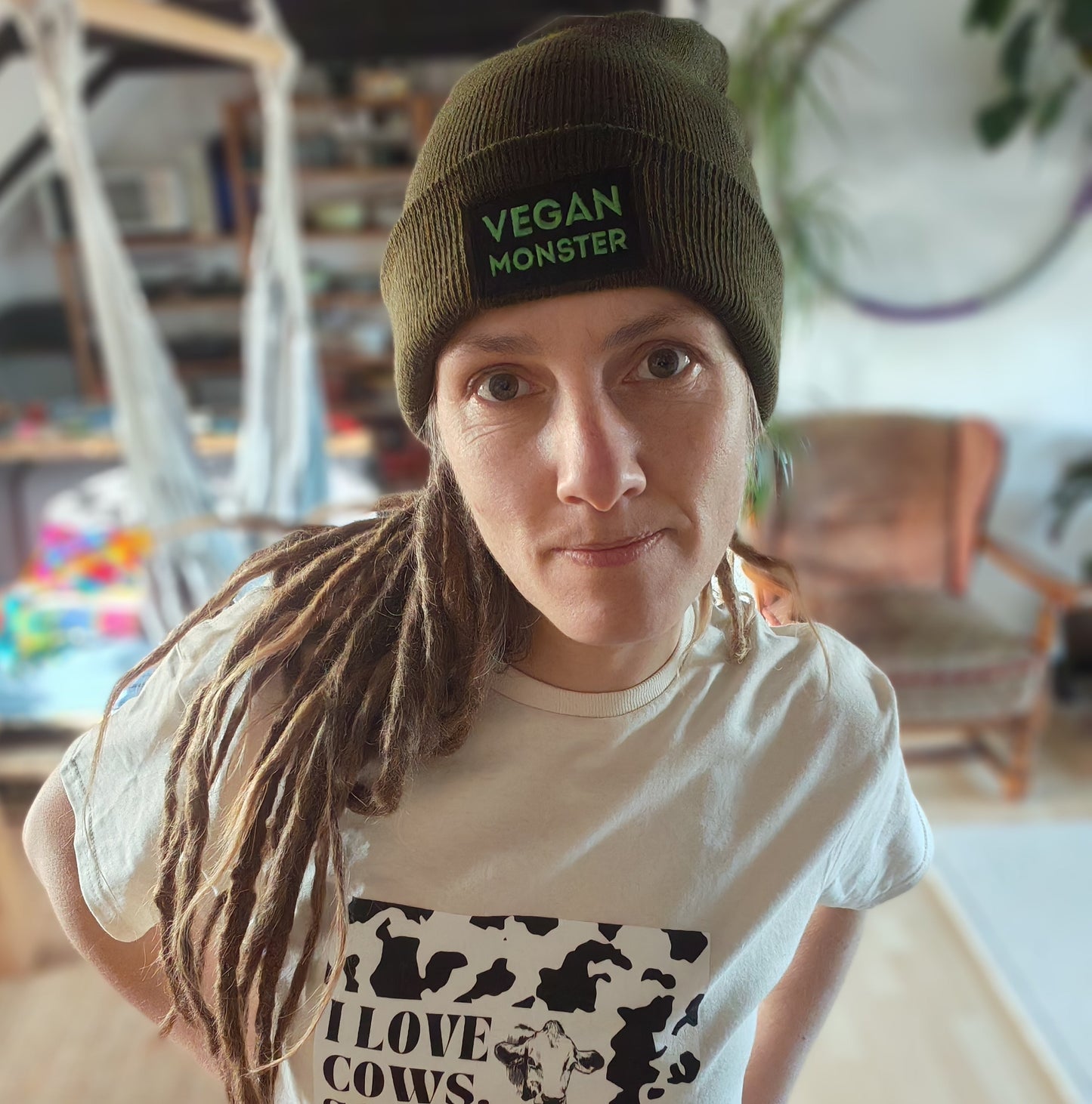VEGAN MONSTER Long Beanie, embroidered vegan beanie