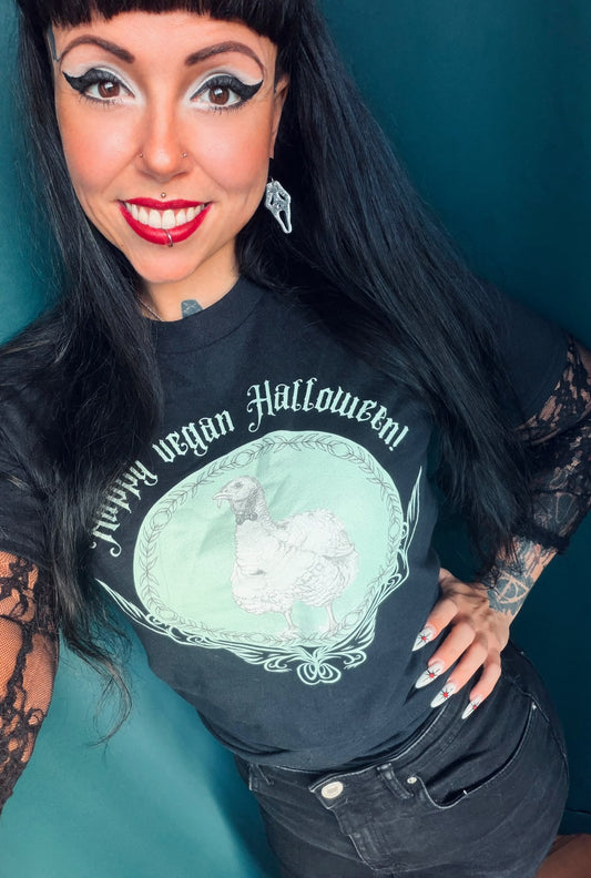 HAPPY VEGAN HALLOWEEN mit Truthahn Milan, Artwork, veganes T-Shirt, Unisex