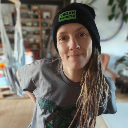 VEGAN MONSTER Long Beanie, embroidered vegan beanie