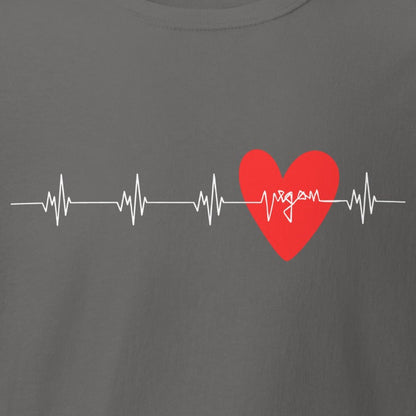 White heart rate, heartbeat with "vegan" & heart in red, vegan T-shirt, unisex