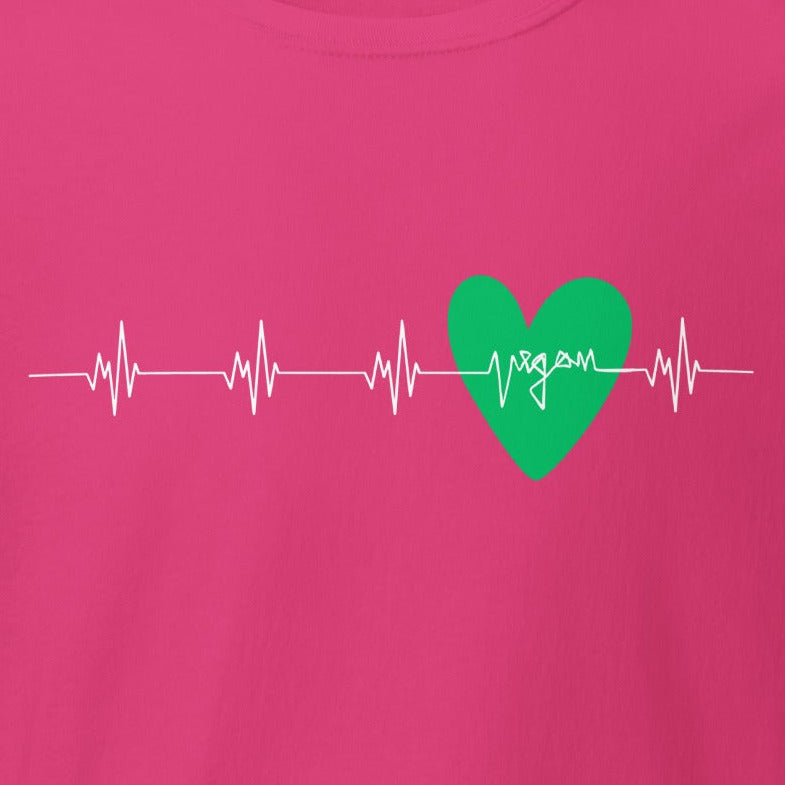 White heart rate, heartbeat with "vegan" & heart in green, vegan T-shirt, unisex