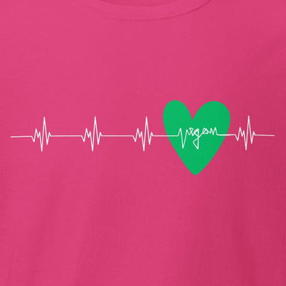 White heart rate, heartbeat with "vegan" & heart in green, vegan T-shirt, unisex