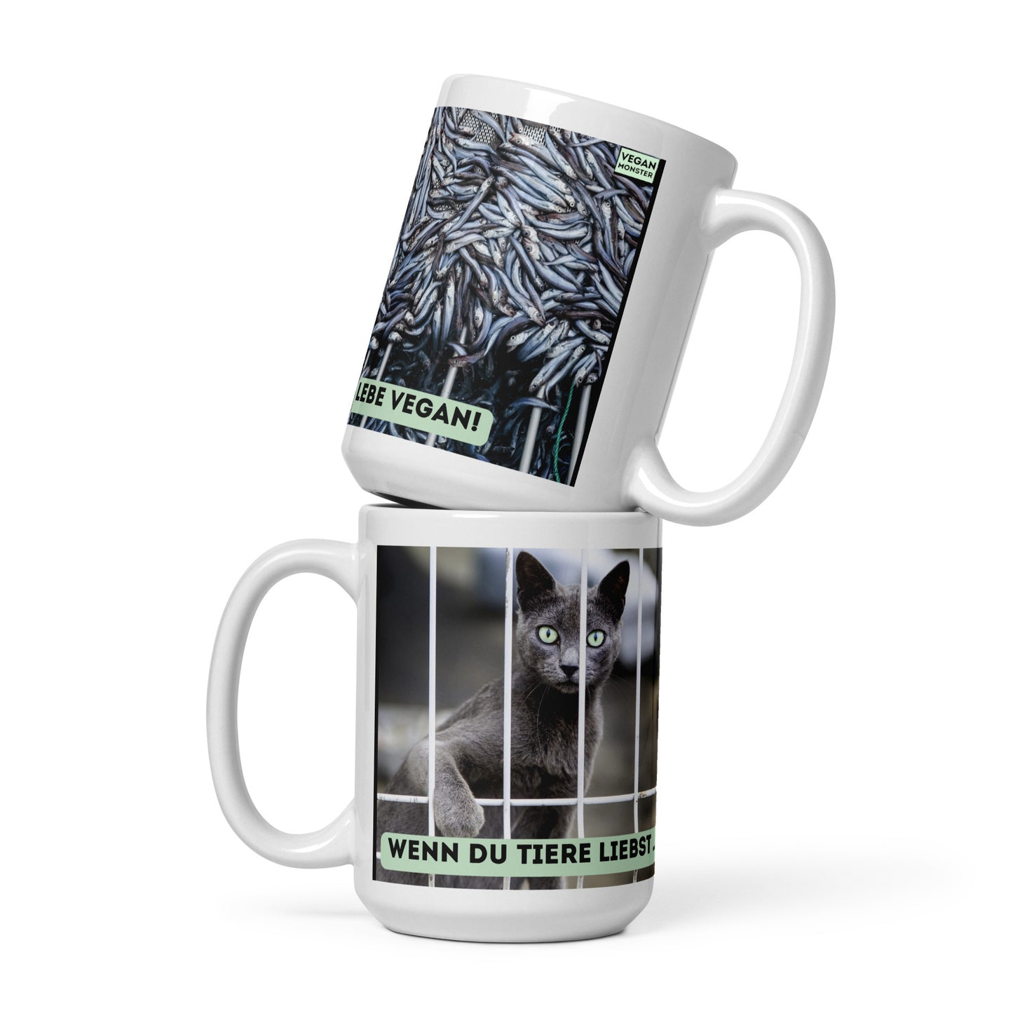 Cat vs. Fish, vegan animal love statement, large white mug / cup