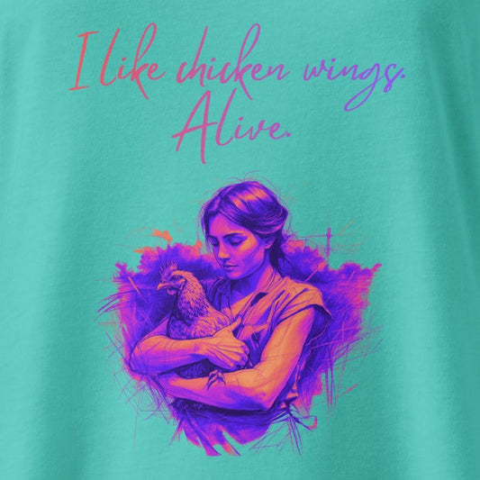 I like chicken wings. Alive. Hühner-Motiv gegen Fleisch, talliertes veganes Racerback-Tanktop