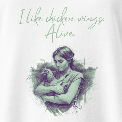 I like chicken wings. Alive. Chicken-themed design against meat, vegan tank top